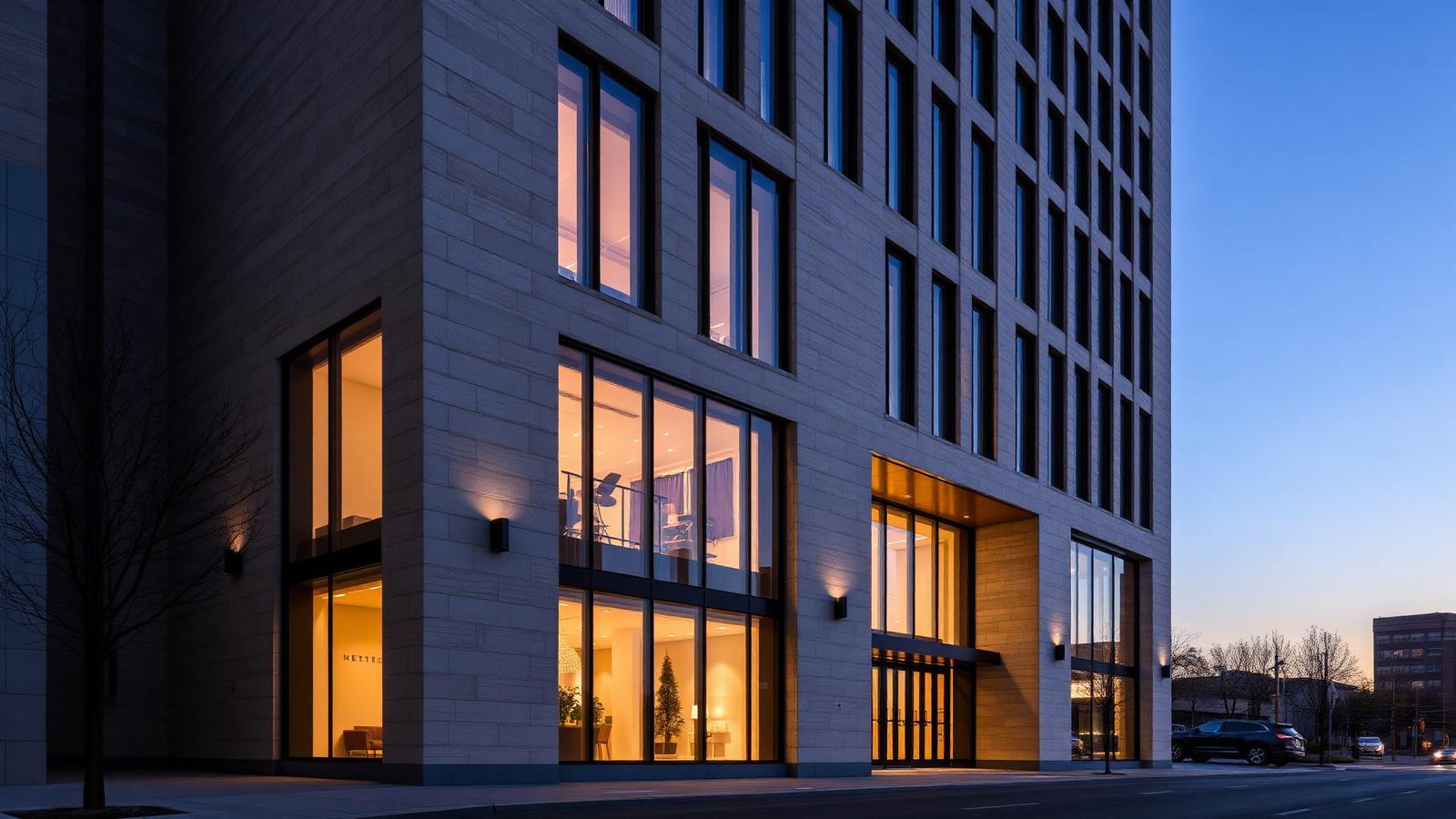 Modern building facade at dusk