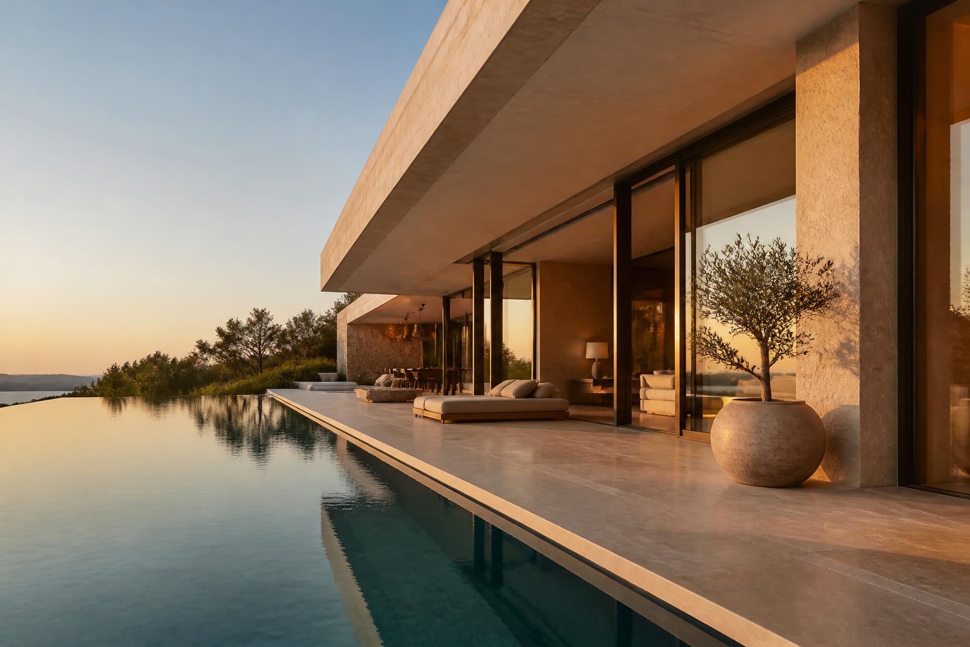 Luxury contemporary villa exterior with warm limestone facade and infinity pool at golden hour